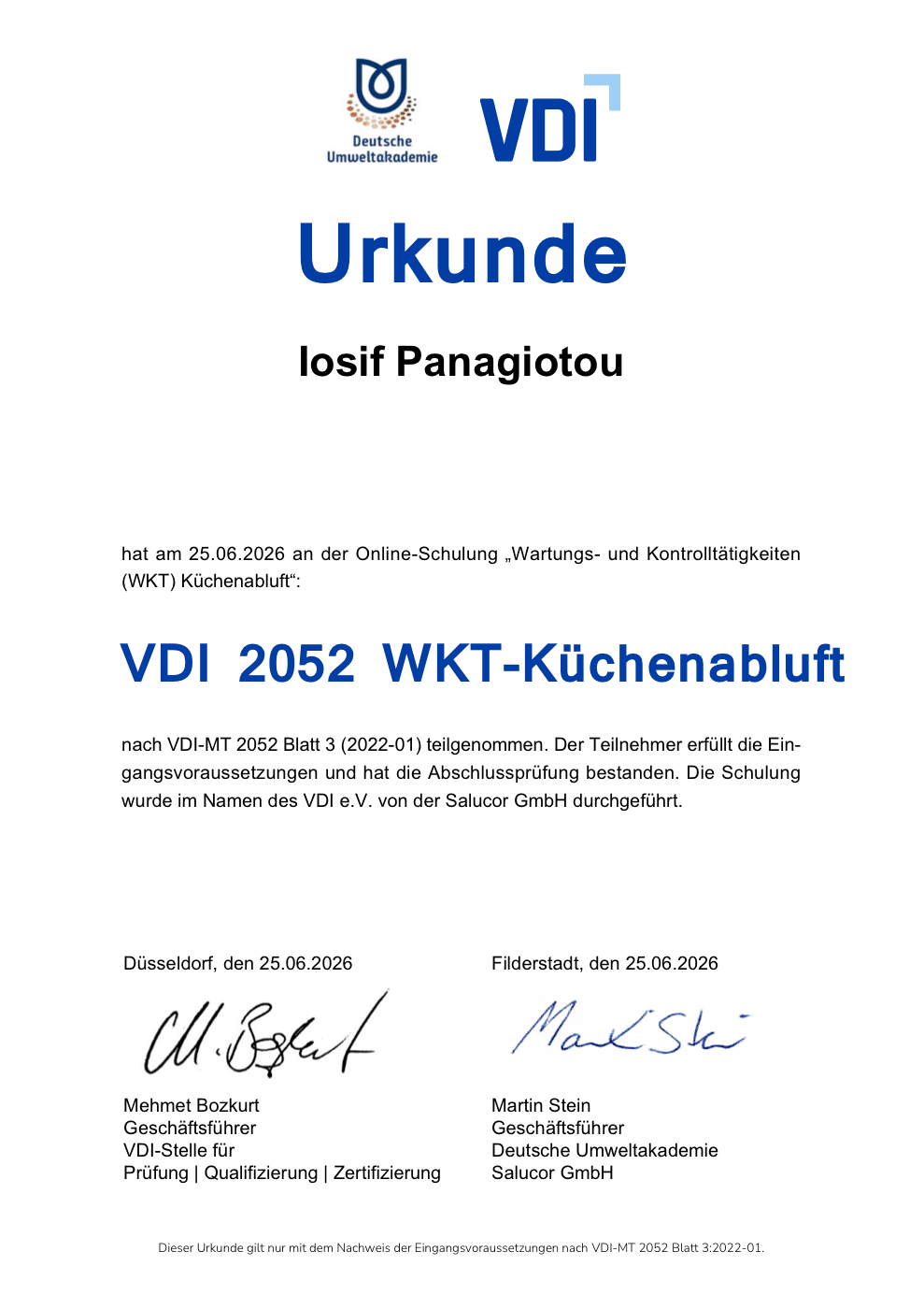VDI-Urkunde: VDI 2052 WKT-Küchenabluft — Wartungs- und Kontrolltätigkeiten nach VDI-MT 2052 Blatt 3, geprüft durch den VDI e.V.